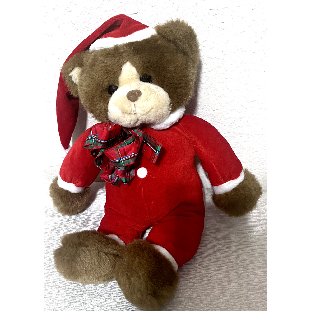 VTG 1987 Mattel Emotions Christmas Teddy Bear Plush Red Pajamas Santa hat 15"โ
